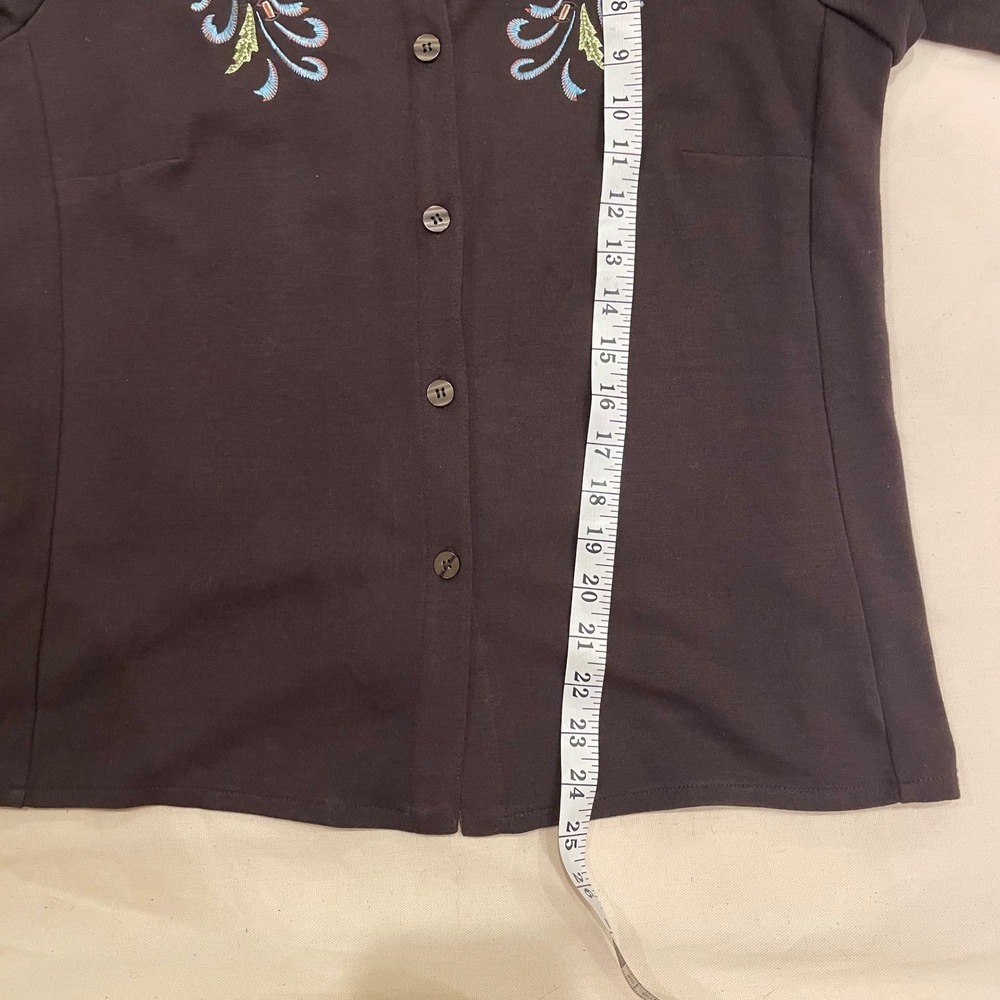 VTG Savvy‎ by DT Studio Brown Embroidered Butterfly Flower Button Shirt Womens M - Picture 6 of 8